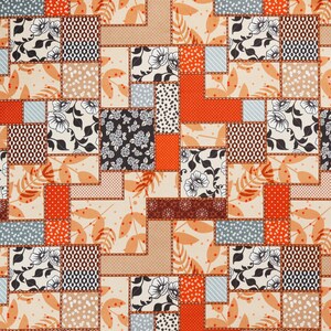 Kwiatowy patchwork, tkanina tapicerska, zasłony, meble, pomarańczowy wzór