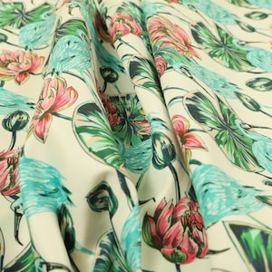 Blue Heron Wetland Bird With Pink Flower Print Velour Velvet Upholstery Fabrics - Sold By The 1 Metre Length Fabric