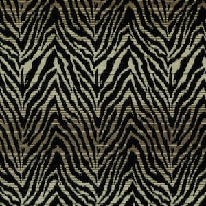 Tessuto di alta qualità in ciniglia con motivo zebrato nero, marrone e beige a righe, ideale per rivestimenti di divani, tende, sedute, sedie e mobili.