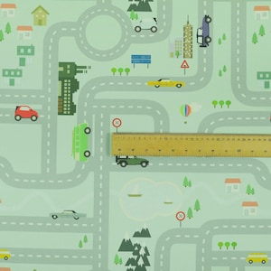 Childrens Car Map Theme Pattern Printed Canvas Upholstery Fabric In Green Colour - Vendu par The 10 Meter Length Fabric