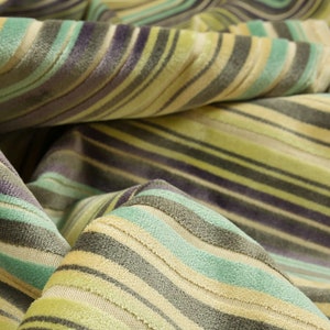 Yellow Purple Teal Striped Cut Velvet Upholstery Fabric For Curtains, Cushions, Roman Blinds Soft Hard Wearing Quality Fabrics Per Metre