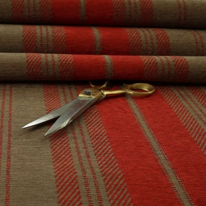 New Luxury Soft Like Cotton Striped Pattern Red With Brown Colour Woven Chenille Upholstery Fabric Perfect For Furniture - Sold By 10 Metres