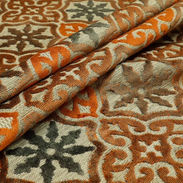 New Soft French Rebirth Geometric Pattern Cut Velvet Grey And Orange Colour Upholstery Fabric Suitable For Curtains, Blinds & Cushions