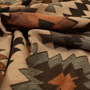 Traditional Kilim Aztec Inspired Pattern Orange Brown Colour Quality Woven Chenille Upholstery Fabric - Sold By The Metre Fabrics