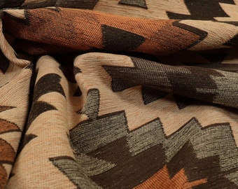 Gewebter Chenille-Bezugsstoff, Kilim Aztekenmuster, Orange Braun, 135 cm Breite