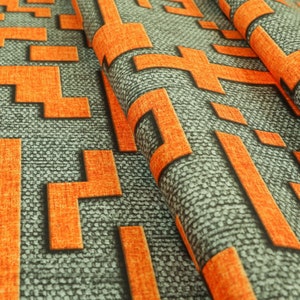 Grey Background Orange Geometric Pattern Printed Velour Velvet Upholstery Fabric - Sold By The 1 Metre Length Fabric