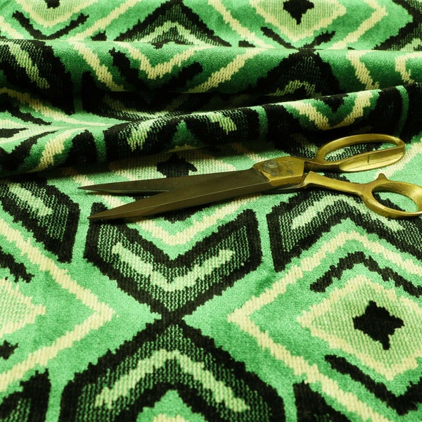 New Green, Black And Cream Squared Geometric Pattern Soft Velvet Upholstery Fabric Suitable For Curtain, Cushion, Blind And Sofa Upholstery