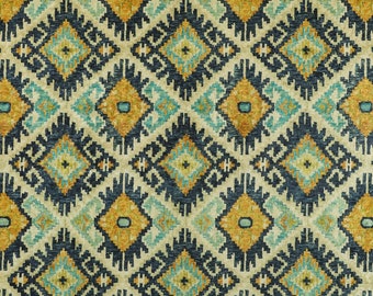 New Blue Yellow Tribal Kilim Geometric Pattern Shiny Velvet Upholstery Fabrics