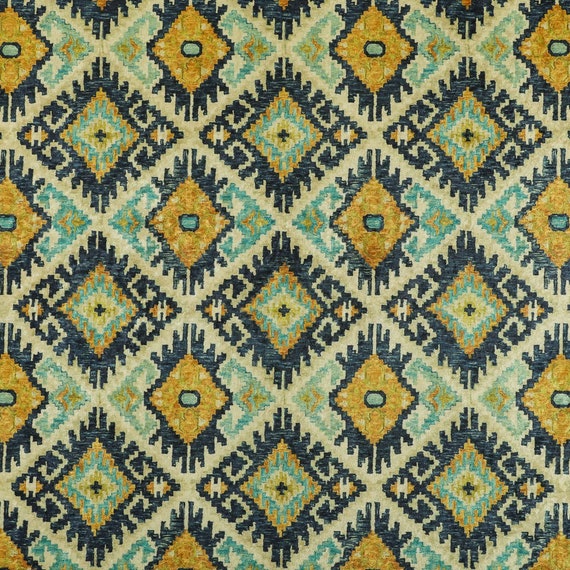 New Blue Yellow Tribal Kilim Geometric Pattern Shiny Velvet Upholstery Fabrics