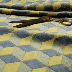 New Furnishing Fabric Geometric 3D Pattern Quality Velvet Material Upholstery In Yellow Grey Colour Sold By The Metre