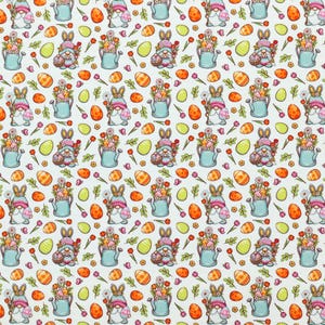 Può includere: Tessuto a tema pasquale con un motivo ripetuto di gnomi pasquali, gnomi coniglietti, annaffiatoi con fiori, uova di Pasqua e tulipani. La tavolozza dei colori comprende rosa pastello, blu, arancione, giallo e verde su sfondo bianco.