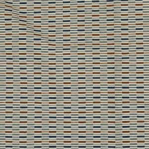 May include: Close-up of a woven fabric with a repeating geometric pattern. The design features horizontal stripes in shades of brown, navy blue, gray, and off-white. The fabric has a textured appearance, suggesting a natural fiber.
