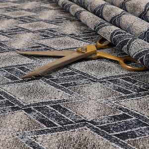 Decorative Weave Navy Blue Grey Colour Geometric Hexagon Pattern Jacquard Upholstery Fabric