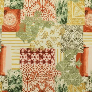 May include: A patchwork design featuring various patterns in shades of orange, green, yellow, and cream. The design includes floral, geometric, and striped elements, creating a textured and layered appearance. The overall aesthetic is reminiscent of vintage textiles.