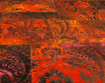 New Soft Printed Velvet Patchwork Damask Traditional Pattern Red Orange Upholstery Fabric - Sold By The 1 Metres Fabric