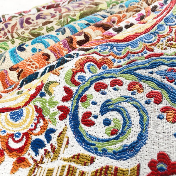 Bold and Bright Paisley Jacquard Upholstery Fabric For Curtains, Cushions & Interior Design Soft Hard Wearing Polyester Fabrics Per Metre