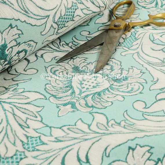 Mono Tone Faded Damask Pattern Blue Colour Chenille Quality Upholstery Fabrics