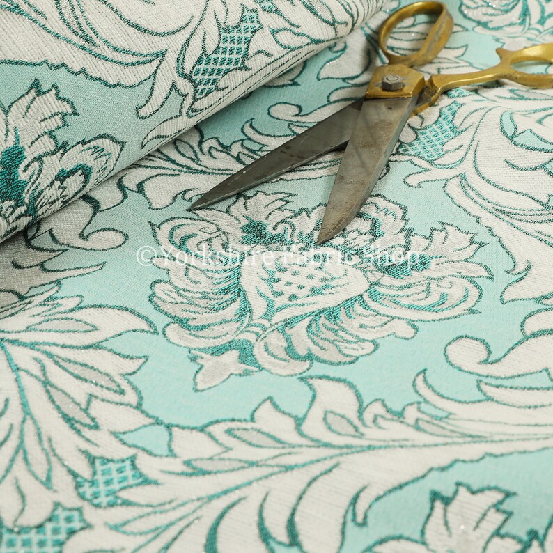 Sold By The 1 Metre Length Fabric Modern Damask Pattern Silver Shine Effect Teal Blue Upholstery Furnishing Fabric