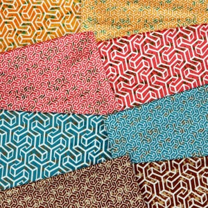 May include: A collection of fabric swatches in various colors, including orange, red, teal, and brown. Each swatch features a geometric pattern of white lines on a colored background. The patterns are repeated across the fabric.