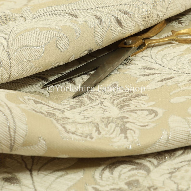 Modern Damask Pattern Golden Shine Effect Cream Upholstery Furnishing Fabric Modern Damask Pattern Golden Shine Effect Cream Upholstery Furnishing Fabric