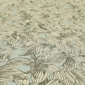 New Designer Modern Quality White Grey Leaf Floral on Blue Base Chenille Upholstery Curtains Cushions Fabric