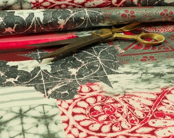Red Grey Colour Multi Pattern Patchwork Velour Velvet Curtain Upholstery Fabrics - Sold By The 1 Metre Length Fabric