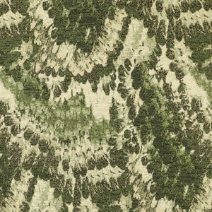 May include: Green and cream floral fabric with a textured, woven design. The fabric features a repeating pattern of stylised flowers.