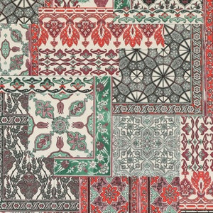May include: A patchwork design featuring various geometric patterns in shades of red, green, and white. The design is reminiscent of traditional Turkish or Moroccan tilework.