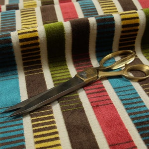 Designer Faded Stripe Pattern Vibrant Yellow Blue Brown Upholstery Velvet Fabric - Sold By The 1 Metre