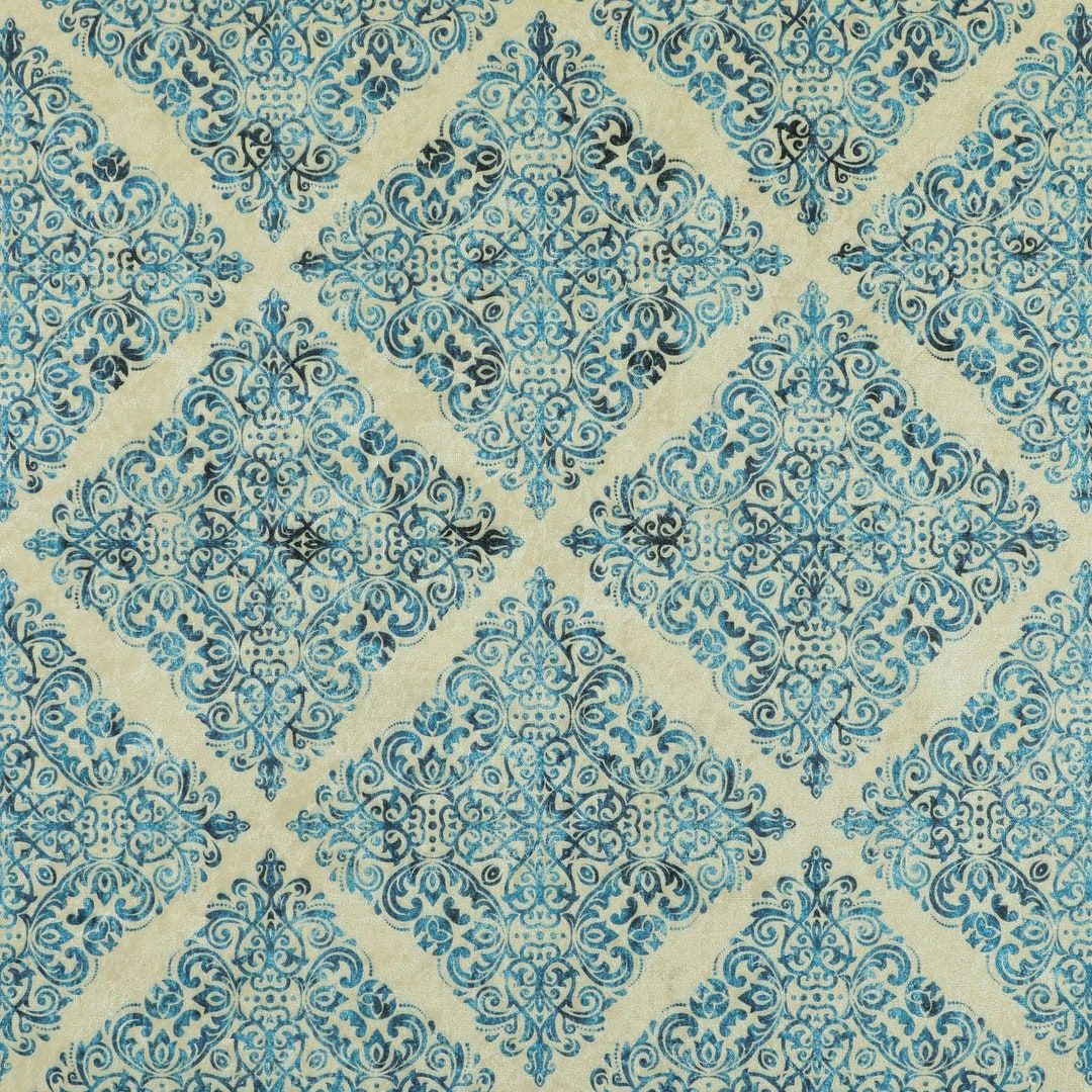 New Blue Traditional Medallion Diamond Pattern Shiny Velvet Upholstery ...