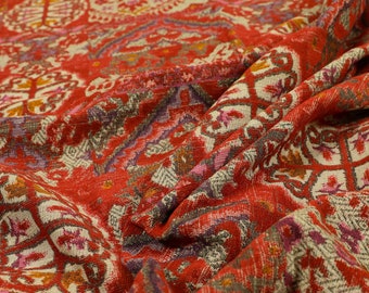 Red Cream Coloured Medallion Patchwork Style Pattern Soft Chenille Quality Furnishing Upholstery Fabrics