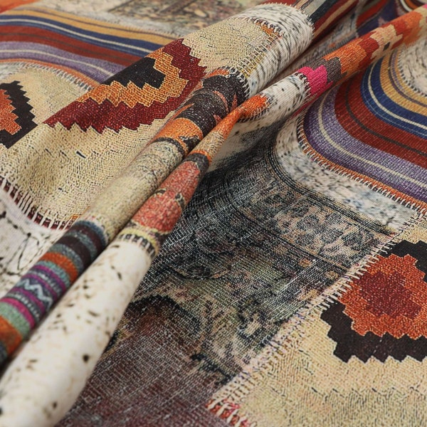 New Sewing Kilim Pattern Patchwork Multi Colour Velour Velvet Upholstery Fabrics - Sold By The 1 Metre Length Fabric