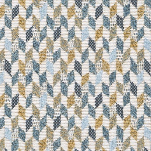 May include: A white fabric with a geometric pattern of blue, gold, and white diamonds. The fabric has a woven texture.
