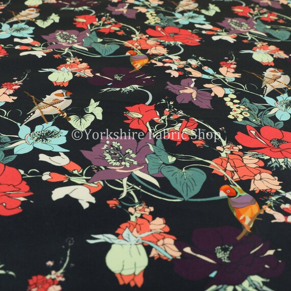 Blue Kingfisher Bird Pink Floral Pattern Velour Velvet Curtain Upholstery Fabric
