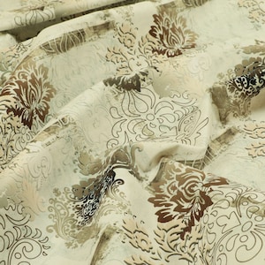 Modern Printed Velvet Damask Patchwork Pattern Natural Brown Upholstery Fabric - Sold By The 1 Metre Length Fabric