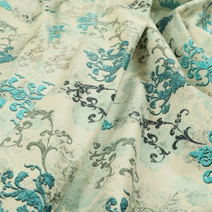 Fire Treated Modern Printed Velvet Teal Blue Grey Damask Pattern Upholstery Furnishing Curtain Cushion Sofa Fabric - Sold Per Metre Fabric