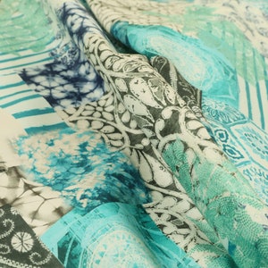 Aqua Teal Blue Full Patchwork Muster Bedruckt Velour Samt Polsterstoffe - Meterware verkauft
