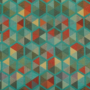 Teal Multicolour Chenille Upholstery Curtain Fabric Geometric Hexagon Pattern