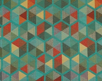 Teal Multicolour Chenille Upholstery Curtain Fabric Geometric Hexagon Pattern