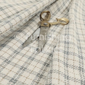 Tartan Checked Pattern Beige Grey Soft Chenille Polyester Upholstery Curtains Furnishing Fabrics By The Metre