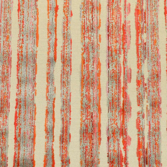 Grey Red Orange Striped Patterned Velvet Upholstery Curtains