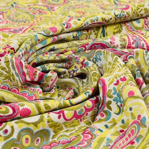 All Over Paisley Pattern Pink Yellow Green Chenille Upholstery Curtain Fabrics - Sold By The 1 Metre Length Fabric