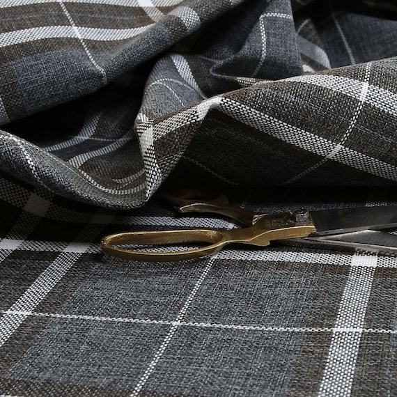 Dark Grey Tartan Stripe Checked Pattern Texture Weave Chenille Upholstery Fabric