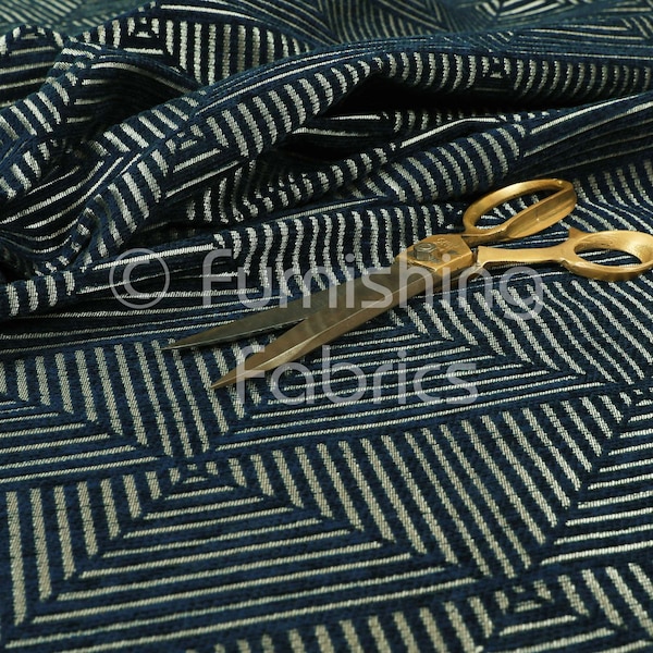 New Geometric Uniformed Pattern Blue Colour Textured Chenille Upholstery Fabric For Sale By The Metre