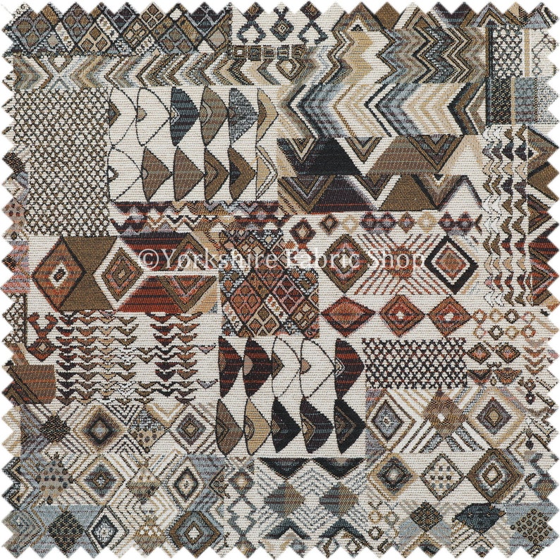 Sold By The Metre Fabric Multicolour Designer African Tribal Inspired Patchwork Small Motif Pattern Upholstery Fabric