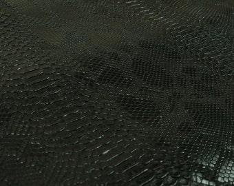 Designer Embossed Snake Animal Textured Black Faux Leather Upholstery Fabric - Sold By The 1 Metre