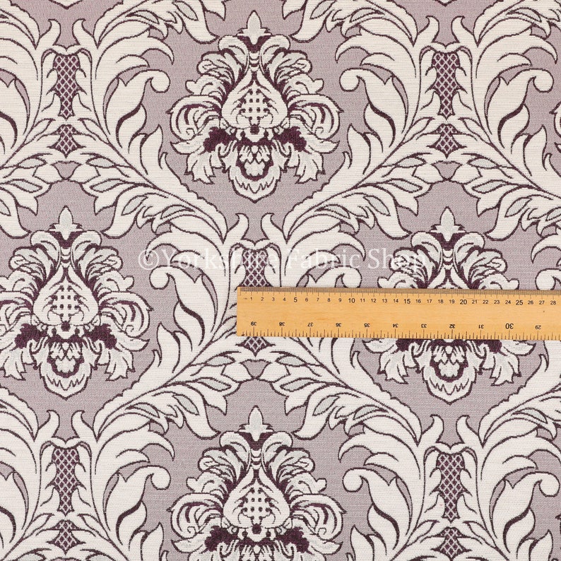 Modern Damask Pattern Silver Shine Effect Purple Upholstery Furnishing Fabric Sold By The 1 Metre Length Fabric