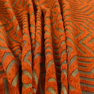 Tessuto per arredamento da tappezzeria di qualità, morbido ciniglia con motivo geometrico lucido color arancione dorato