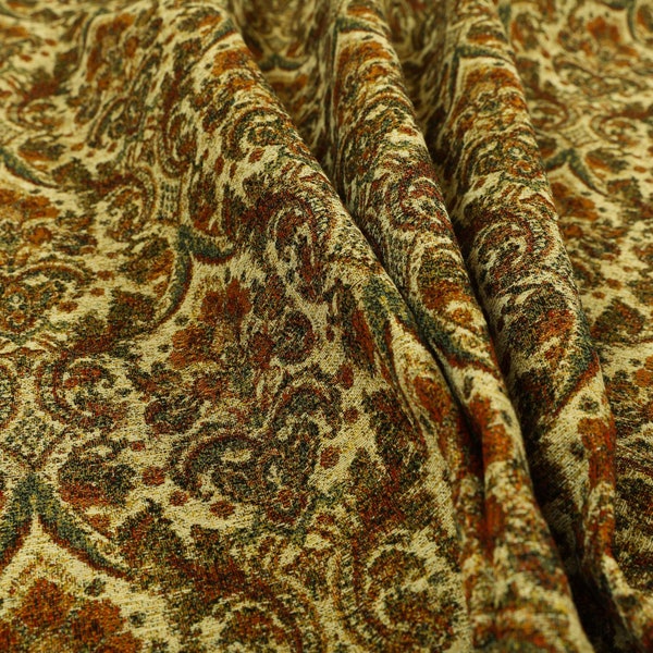 Traditional Floral Damask Pattern Beige Orange Red Jacquard Upholstery Fabrics - Sold By The 1 Metre Length Fabric
