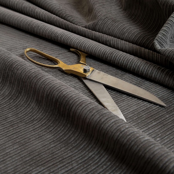 Quality Hard Wearing Thin Wale Corduroy Striped Upholstery Fabric For Sofas Chairs Furniture Flame Treated Fabric In Grey Charcoal Colour